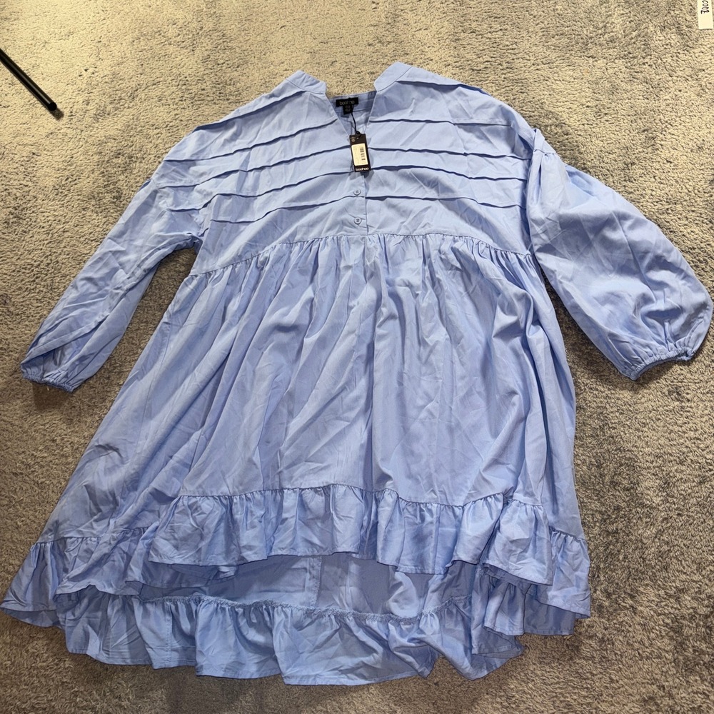 Boohoo Shirt Dress Size 18 Blue Plus New Woven Frill Hem Pleated Mini Smock Boho